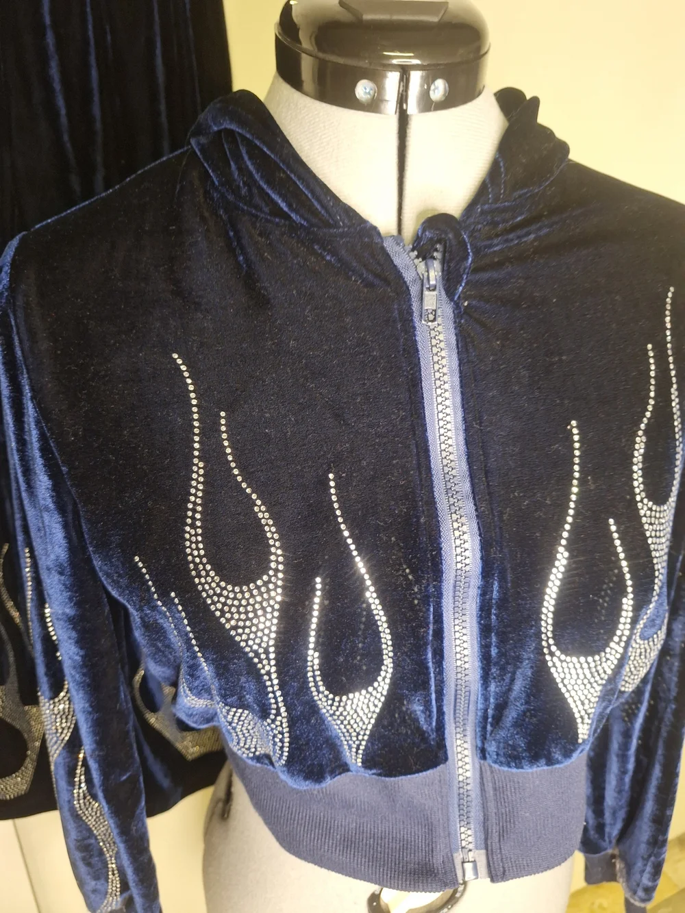 Navy Velvet Rhinestone Flame Hoodie & Bootcut Pants Set Size 12 Youth